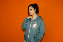 Load image into Gallery viewer, Fueled By Spite Floral Zip Hoodie in Heather Slate
