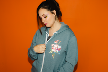 Load image into Gallery viewer, Fueled By Spite Floral Zip Hoodie in Heather Slate