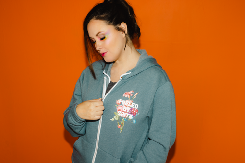 Fueled By Spite Floral Zip Hoodie in Heather Slate